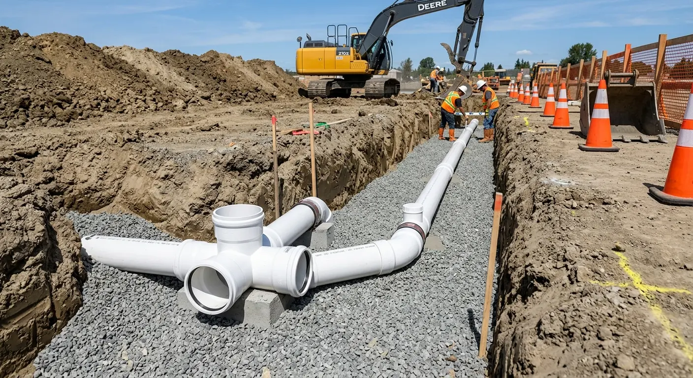 New PVC sewer pipe installation in open trench for Sewer Backup in Eldersburg