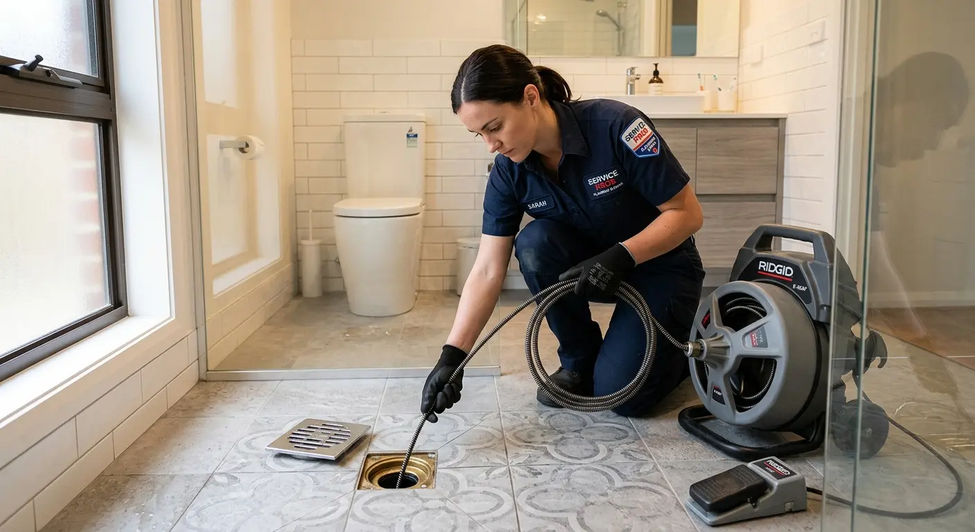 Technician clearing a bathroom floor drain for Drain Cleaning in Eldersburg